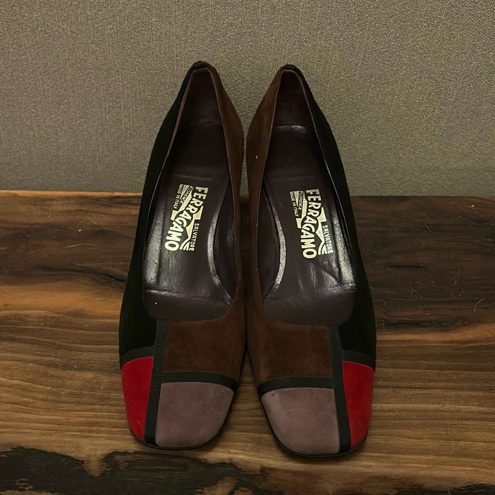 Salvatore Ferragamo suede square toed kitten heels